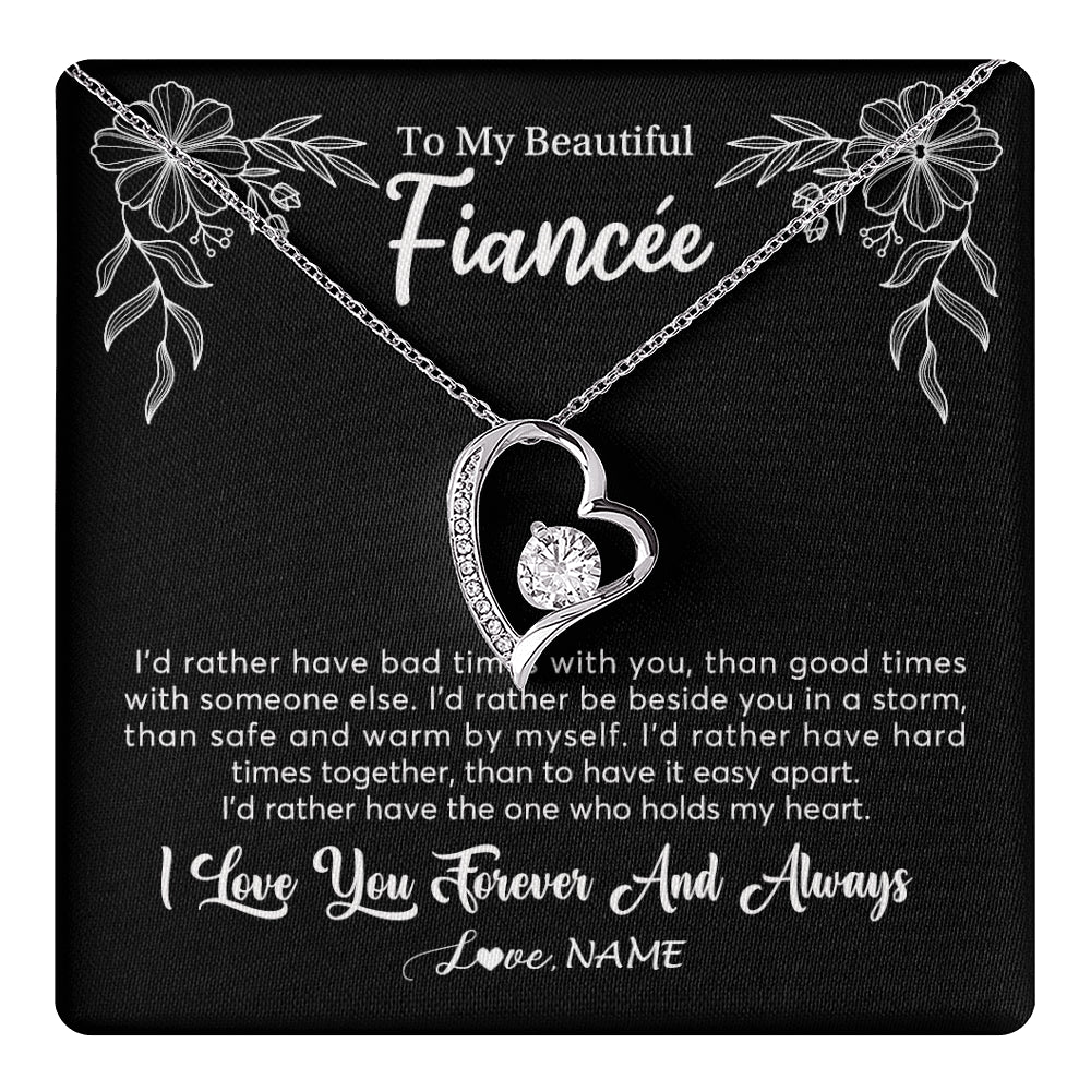 Forever Love Necklace 14K White Gold Finish | 1 | Personalized To My Beautiful Fiancee Necklace Gifts From Fiance I'd Rather Fiancee Birthday Idea Anniversary Valentines Day Customized Gift Box Message Card | teecentury