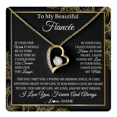 Forever Love Necklace 18K Yellow Gold Finish | 1 | Personalized To My Beautiful Fiancee Necklace Romantic Gifts Fiancee Birthday Anniversary Jewelry Valentines Day Christmas Customized Gift Box Message Card | teecentury