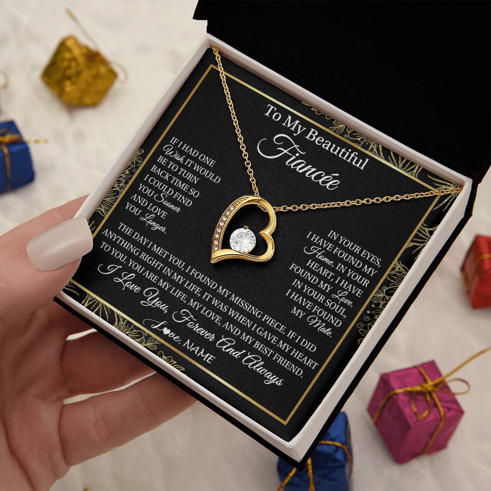 Forever Love Necklace 18K Yellow Gold Finish | Personalized To My Beautiful Fiancee Necklace Romantic Gifts Fiancee Birthday Anniversary Jewelry Valentines Day Christmas Customized Gift Box Message Card | teecentury