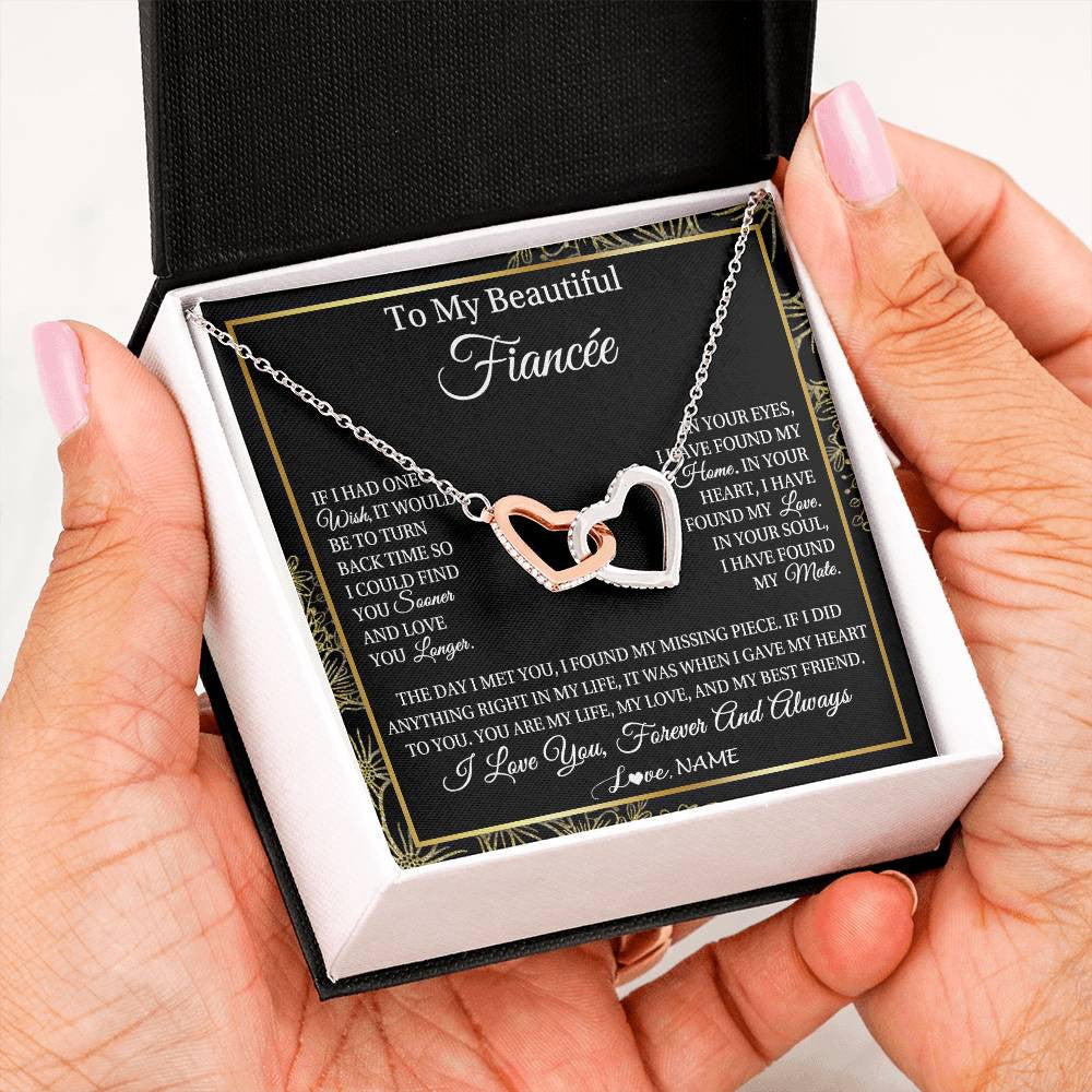 Interlocking Hearts Necklace Stainless Steel & Rose Gold Finish | Personalized To My Beautiful Fiancee Necklace Romantic Gifts Fiancee Birthday Anniversary Jewelry Valentines Day Christmas Customized Gift Box Message Card | teecentury