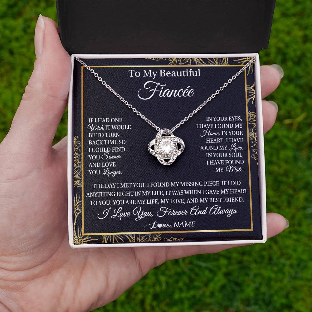 Love Knot Necklace 14K White Gold Finish | Personalized To My Beautiful Fiancee Necklace Romantic Gifts Fiancee Birthday Anniversary Jewelry Valentines Day Christmas Customized Gift Box Message Card | teecentury