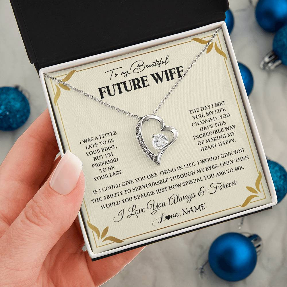 Forever Love Necklace 14K White Gold Finish | 2 | Personalized To My Beautiful Future Wife Necklace Gift From Husband Promise Necklace For Her Soulmate Wife Romantic Birthday Customized Gift Box Message Card | teecentury