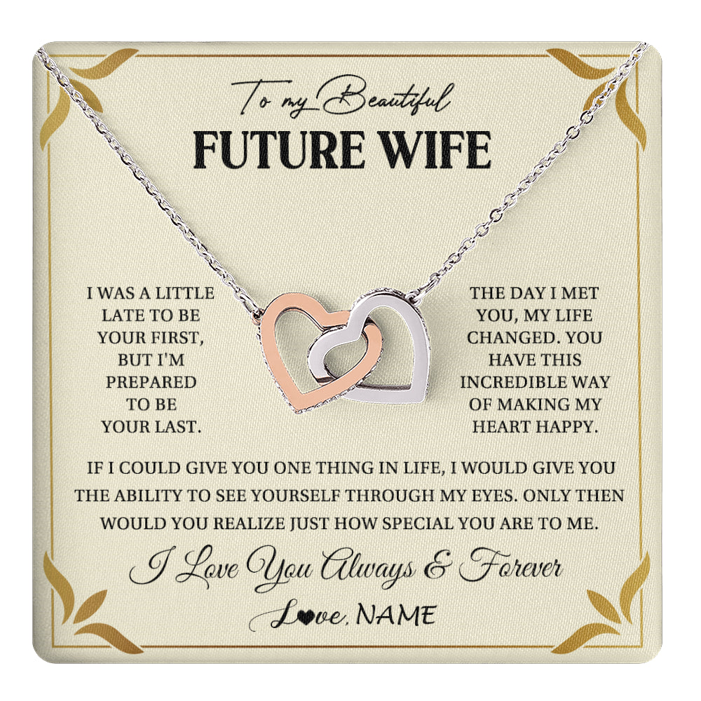 Interlocking Hearts Necklace Stainless Steel & Rose Gold Finish | 1 | Personalized To My Beautiful Future Wife Necklace Gift From Husband Promise Necklace For Her Soulmate Wife Romantic Birthday Customized Gift Box Message Card | teecentury