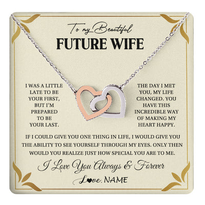 Interlocking Hearts Necklace Stainless Steel & Rose Gold Finish | 1 | Personalized To My Beautiful Future Wife Necklace Gift From Husband Promise Necklace For Her Soulmate Wife Romantic Birthday Customized Gift Box Message Card | teecentury