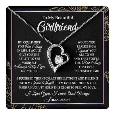 Forever Love Necklace 14K White Gold Finish | 1 | Personalized To My Beautiful Girlfriend Necklace From Boyfriend Feel My Love For Her Girlfriend Birthday Valentines Day Christmas Customized Message Card | teecentury
