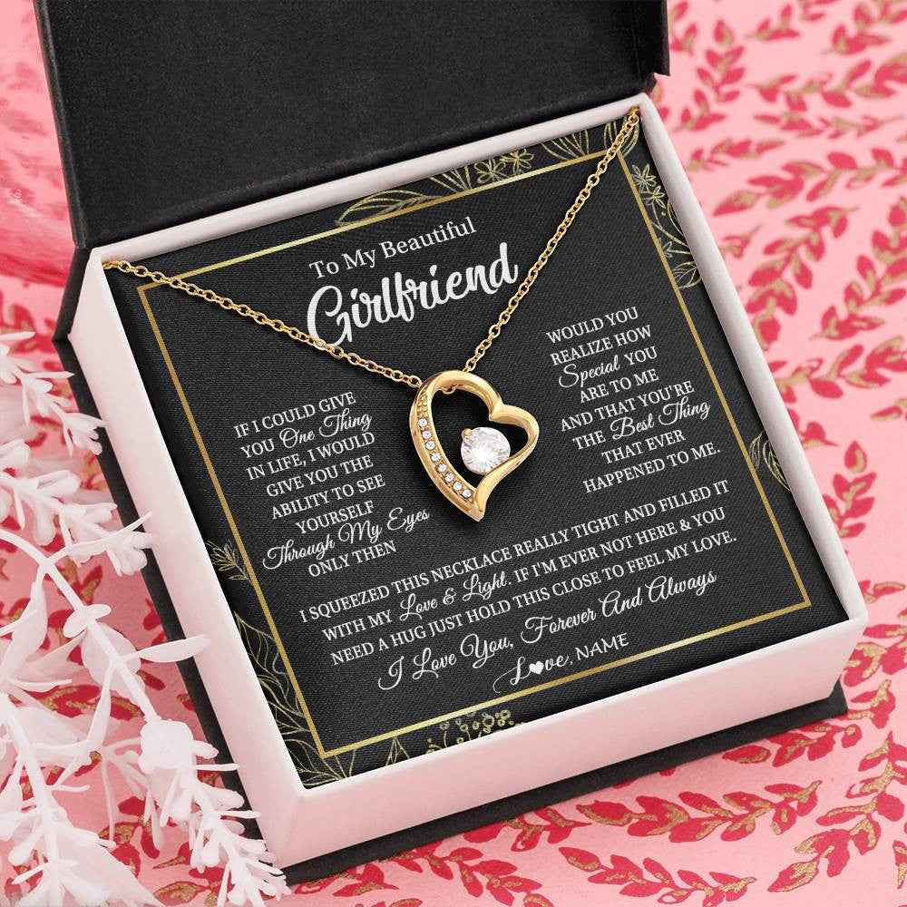 Forever Love Necklace 18K Yellow Gold Finish | Personalized To My Beautiful Girlfriend Necklace From Boyfriend Feel My Love For Her Girlfriend Birthday Valentines Day Christmas Customized Message Card | teecentury