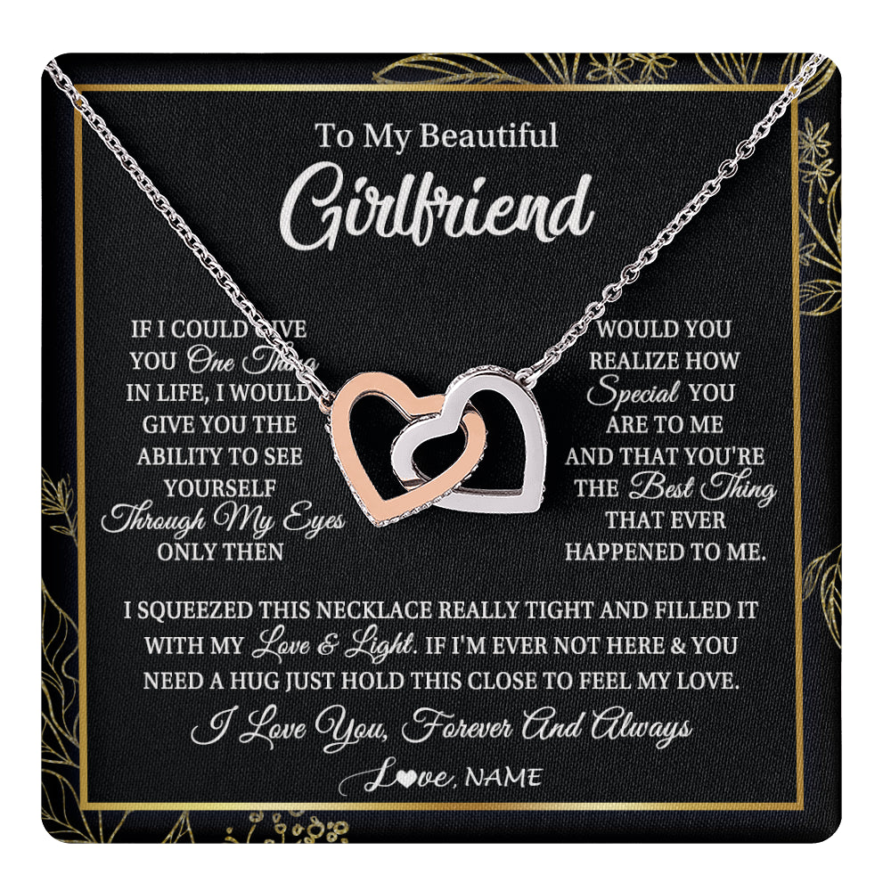 Interlocking Hearts Necklace Stainless Steel & Rose Gold Finish | 1 | Personalized To My Beautiful Girlfriend Necklace From Boyfriend Feel My Love For Her Girlfriend Birthday Valentines Day Christmas Customized Message Card | teecentury