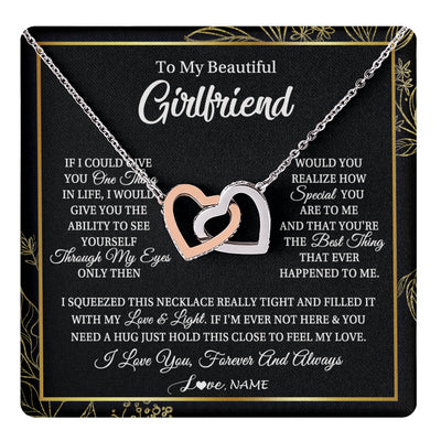 Interlocking Hearts Necklace Stainless Steel & Rose Gold Finish | 1 | Personalized To My Beautiful Girlfriend Necklace From Boyfriend Feel My Love For Her Girlfriend Birthday Valentines Day Christmas Customized Message Card | teecentury