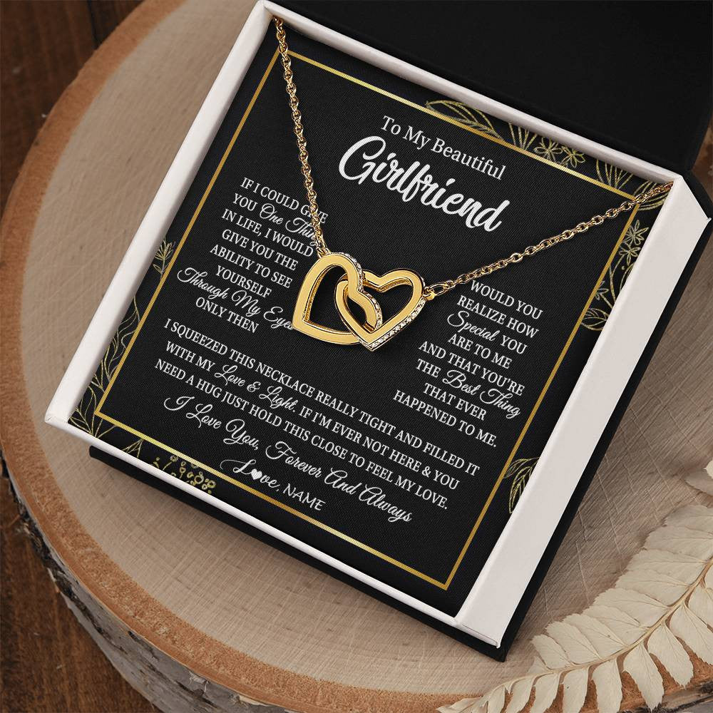 Interlocking Hearts Necklace 18K Yellow Gold Finish | Personalized To My Beautiful Girlfriend Necklace From Boyfriend Feel My Love For Her Girlfriend Birthday Valentines Day Christmas Customized Message Card | teecentury