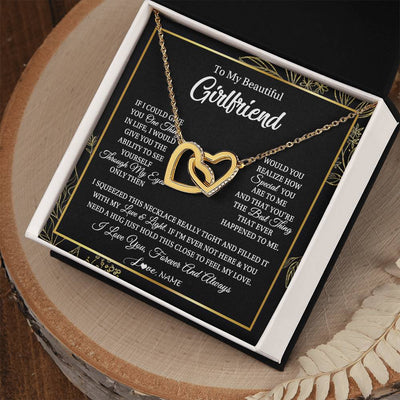 Interlocking Hearts Necklace 18K Yellow Gold Finish | Personalized To My Beautiful Girlfriend Necklace From Boyfriend Feel My Love For Her Girlfriend Birthday Valentines Day Christmas Customized Message Card | teecentury