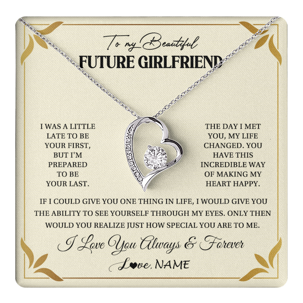 Forever Love Necklace 14K White Gold Finish | 1 | Personalized To My Beautiful Girlfriend Necklace Gift From Boyfriend Promise Necklace For Girlfriend Birthday Christmas Customized Gift Box Message Card | teecentury