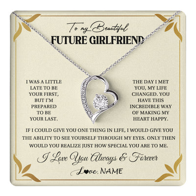 Forever Love Necklace 14K White Gold Finish | 1 | Personalized To My Beautiful Girlfriend Necklace Gift From Boyfriend Promise Necklace For Girlfriend Birthday Christmas Customized Gift Box Message Card | teecentury