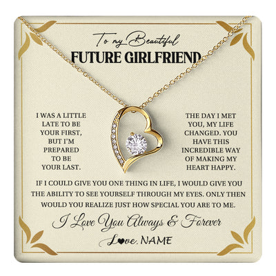 Forever Love Necklace 18K Yellow Gold Finish | 1 | Personalized To My Beautiful Girlfriend Necklace Gift From Boyfriend Promise Necklace For Girlfriend Birthday Christmas Customized Gift Box Message Card | teecentury