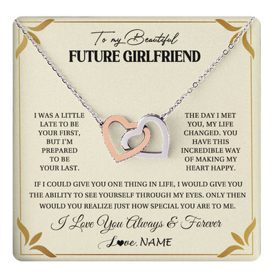 Interlocking Hearts Necklace Stainless Steel & Rose Gold Finish | 1 | Personalized To My Beautiful Girlfriend Necklace Gift From Boyfriend Promise Necklace For Girlfriend Birthday Christmas Customized Gift Box Message Card | teecentury