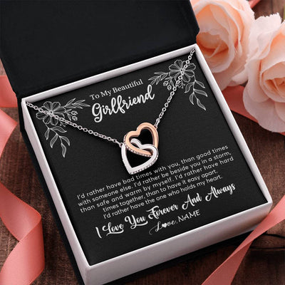 Interlocking Hearts Necklace Stainless Steel & Rose Gold Finish | 2 | Personalized To My Beautiful Girlfriend Necklace Gifts From Boyfriend I'd Rather Girlfriend Birthday Anniversary Valentines Customized Gift Box Message Card | teecentury