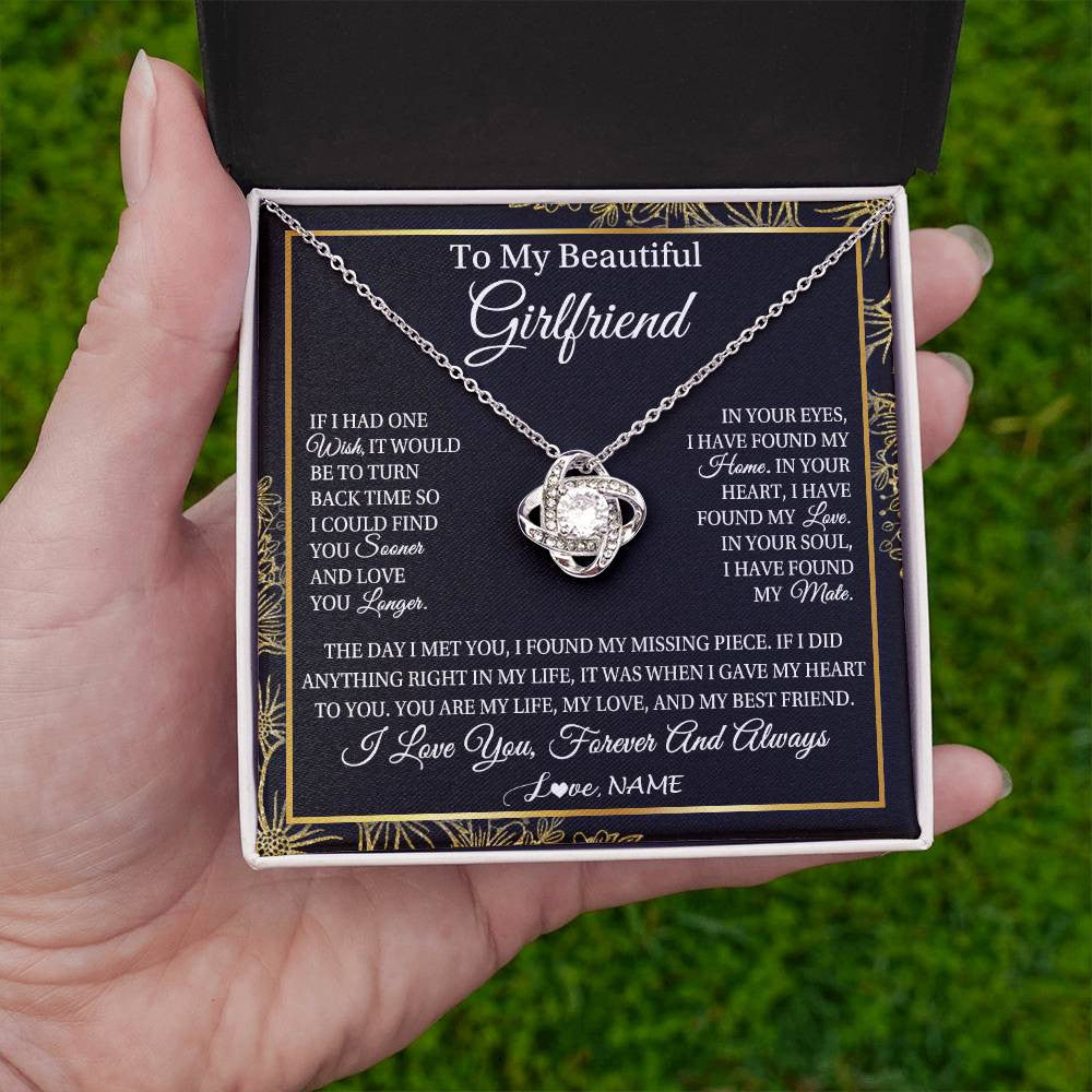 Love Knot Necklace 14K White Gold Finish | Personalized To My Beautiful Girlfriend Necklace Romantic Gifts Girlfriend Birthday Anniversary Jewelry Valentines Christmas Customized Gift Box Message Card | teecentury