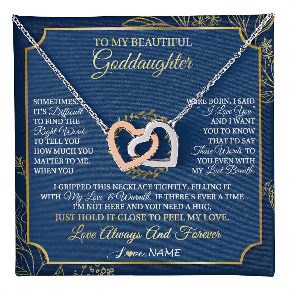 Interlocking Hearts Necklace Stainless Steel & Rose Gold Finish | 1 | Personalized To My Beautiful Goddaughter From Aunt Uncle I Gripped This Necklace Goddaughter Jewelry Birthday Christmas Customized Gift Box Message Card | teecentury