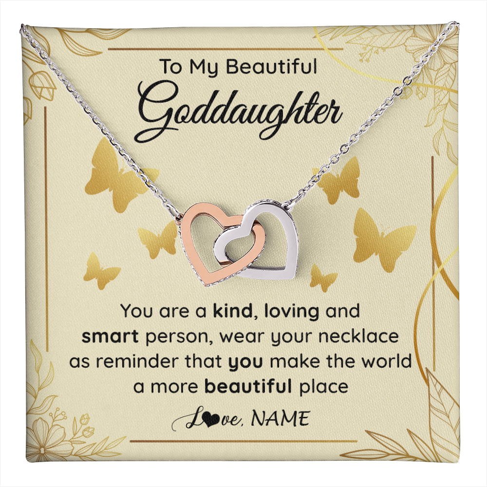 Interlocking Hearts Necklace Stainless Steel & Rose Gold Finish | 1 | Personalized To My Beautiful Goddaughter Necklace From Aunt You Are A Kind Loving Goddaughter Birthday Graduation Christmas Customized Gift Box Message Card | teecentury