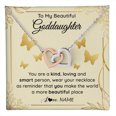 Interlocking Hearts Necklace Stainless Steel & Rose Gold Finish | 1 | Personalized To My Beautiful Goddaughter Necklace From Aunt You Are A Kind Loving Goddaughter Birthday Graduation Christmas Customized Gift Box Message Card | teecentury