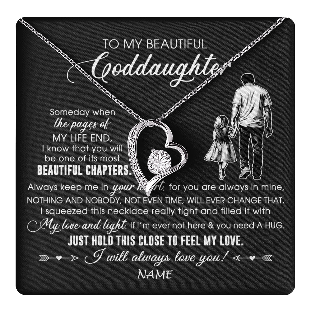 Forever Love Necklace 14K White Gold Finish | 1 | Personalized To My Beautiful Goddaughter Necklace From Godfather Always Love You Goddaughter Birthday Graduation Christmas Customized Gift Box Message Card | teecentury