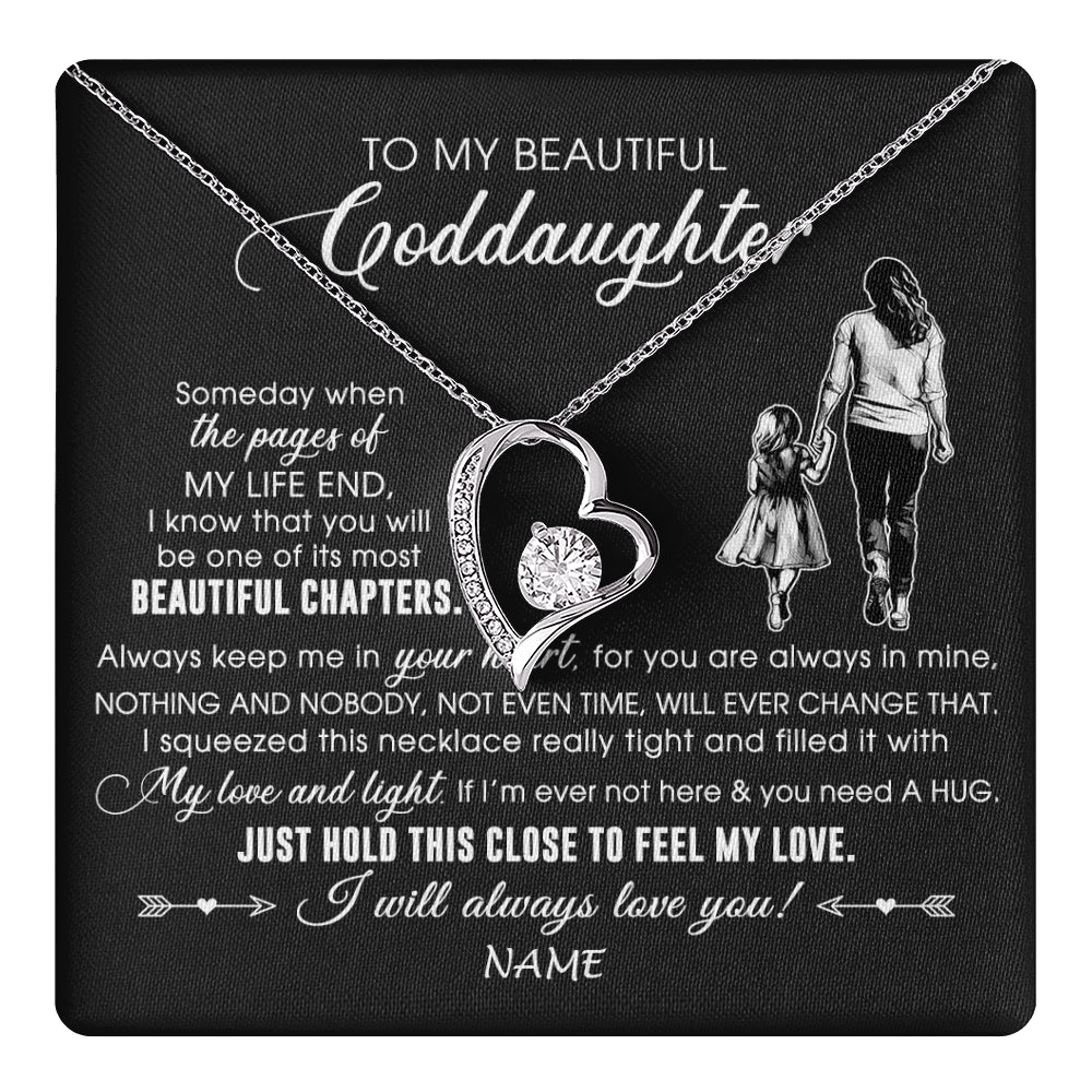 Forever Love Necklace 14K White Gold Finish | 1 | Personalized To My Beautiful Goddaughter Necklace From Godmother Always Love You Goddaughter Birthday Graduation Christmas Customized Gift Box Message Card | teecentury
