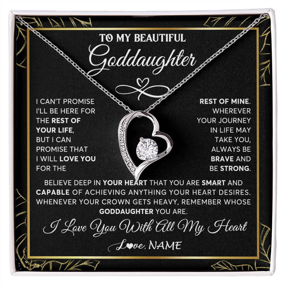 Forever Love Necklace 14K White Gold Finish | 1 | Personalized To My Beautiful Goddaughter Necklace From Godmother Crown Jewelry Gifts For Goddaughter Birthday Graduation Christmas Gift Box Message Card | teecentury