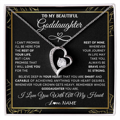 Forever Love Necklace 14K White Gold Finish | 1 | Personalized To My Beautiful Goddaughter Necklace From Godmother Crown Jewelry Gifts For Goddaughter Birthday Graduation Christmas Gift Box Message Card | teecentury
