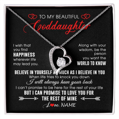 Forever Love Necklace 14K White Gold Finish | Personalized To My Beautiful Goddaughter Necklace From Godmother Happiness Wherever Life Birthday Graduation Christmas Customized Gift Box Message Card | teecentury