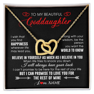Interlocking Hearts Necklace 18K Yellow Gold Finish | Personalized To My Beautiful Goddaughter Necklace From Godmother Happiness Wherever Life Birthday Graduation Christmas Customized Gift Box Message Card | teecentury