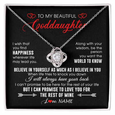 Love Knot Necklace 14K White Gold Finish | Personalized To My Beautiful Goddaughter Necklace From Godmother Happiness Wherever Life Birthday Graduation Christmas Customized Gift Box Message Card | teecentury