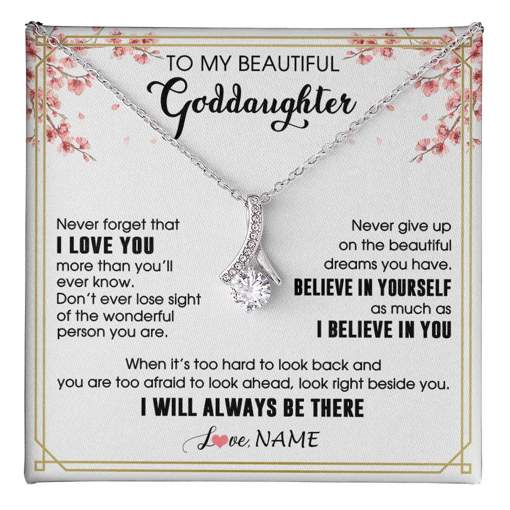 Alluring Beauty Necklace 14K White Gold Finish | 1 | Personalized To My Beautiful Goddaughter Necklace From Godmother I Love You Believe In You Goddaughter Birthday Christmas Customized Gift Box Message Card | teecentury