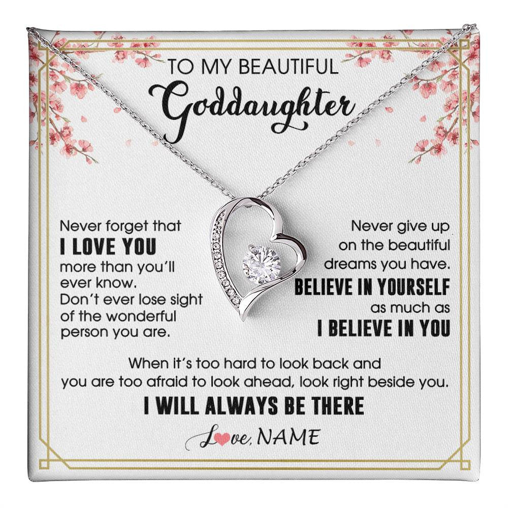 Forever Love Necklace 14K White Gold Finish | 1 | Personalized To My Beautiful Goddaughter Necklace From Godmother I Love You Believe In You Goddaughter Birthday Christmas Customized Gift Box Message Card | teecentury