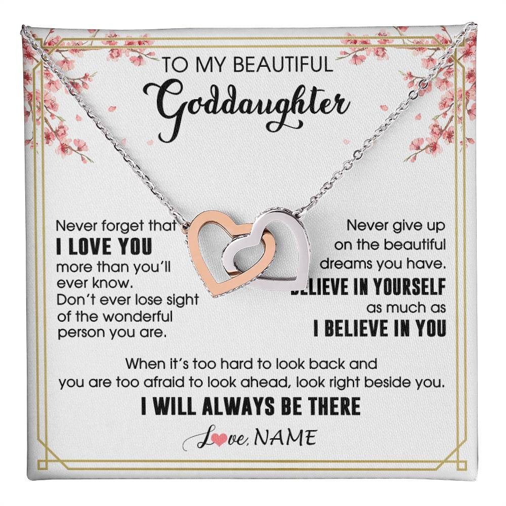 Interlocking Hearts Necklace Stainless Steel & Rose Gold Finish | 1 | Personalized To My Beautiful Goddaughter Necklace From Godmother I Love You Believe In You Goddaughter Birthday Christmas Customized Gift Box Message Card | teecentury