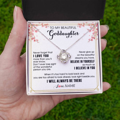 Love Knot Necklace 14K White Gold Finish | 2 | Personalized To My Beautiful Goddaughter Necklace From Godmother I Love You Believe In You Goddaughter Birthday Christmas Customized Gift Box Message Card | teecentury