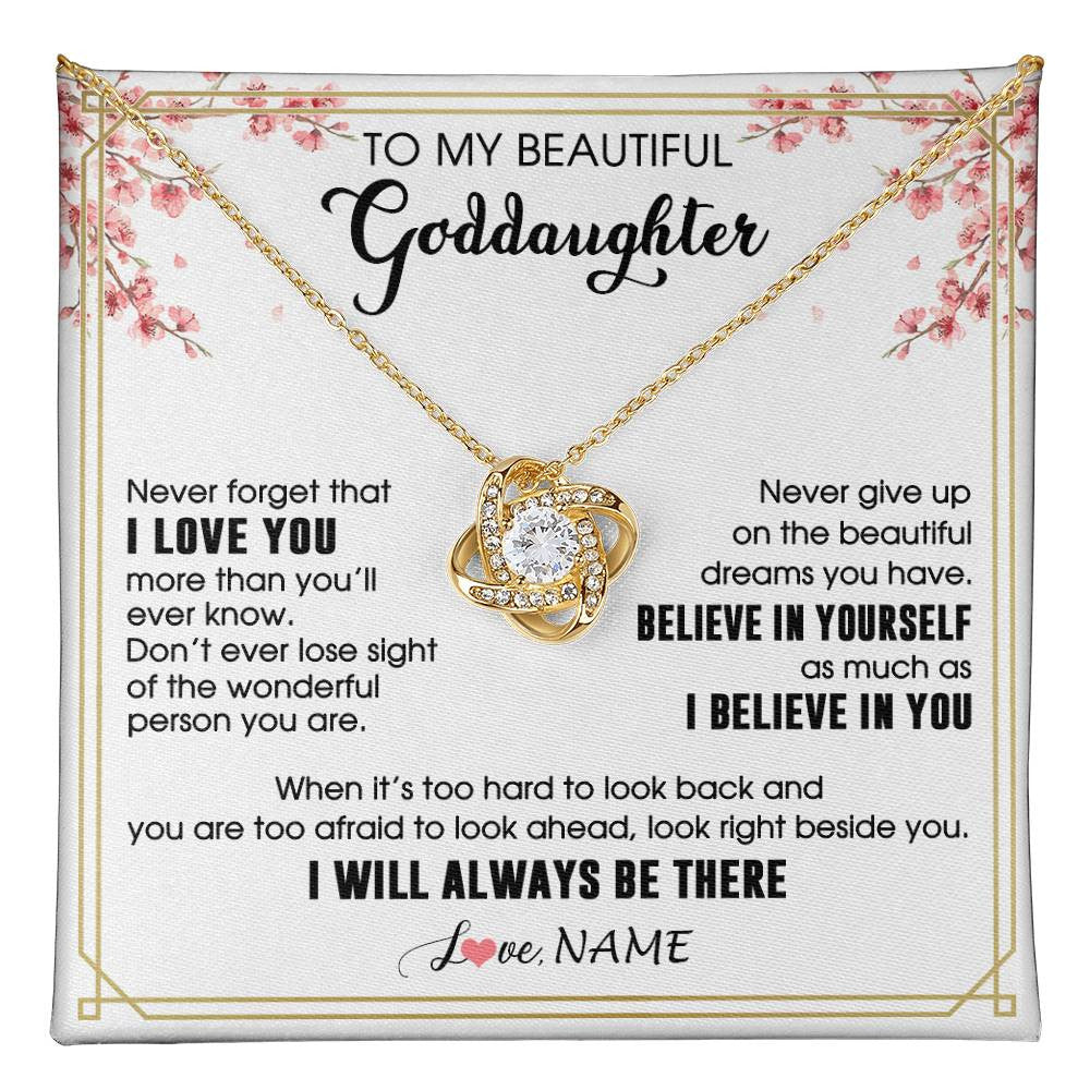 Love Knot Necklace 18K Yellow Gold Finish | 1 | Personalized To My Beautiful Goddaughter Necklace From Godmother I Love You Believe In You Goddaughter Birthday Christmas Customized Gift Box Message Card | teecentury