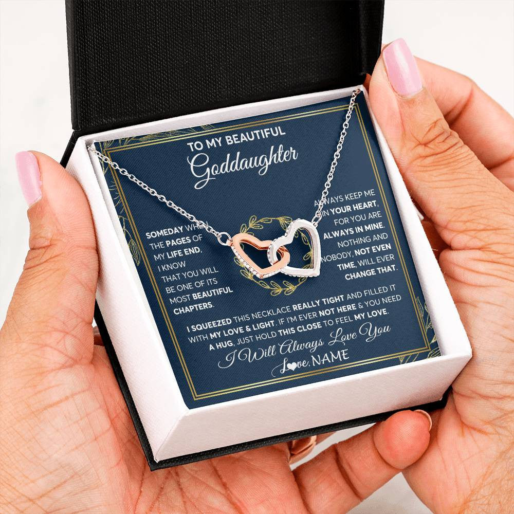Interlocking Hearts Necklace Stainless Steel & Rose Gold Finish | Personalized To My Beautiful Goddaughter Necklace From Godmother Someday Goddaughter Birthday Christmas Jewelry Charm Present Customized Gift Box Message Card | teecentury