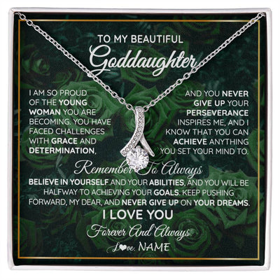 Alluring Beauty Necklace 14K White Gold Finish | Personalized To My Beautiful Goddaughter Necklace Never Give Up Goddaughter Birthday Graduation Motivational Quote Customized Gift Box Message Card | teecentury