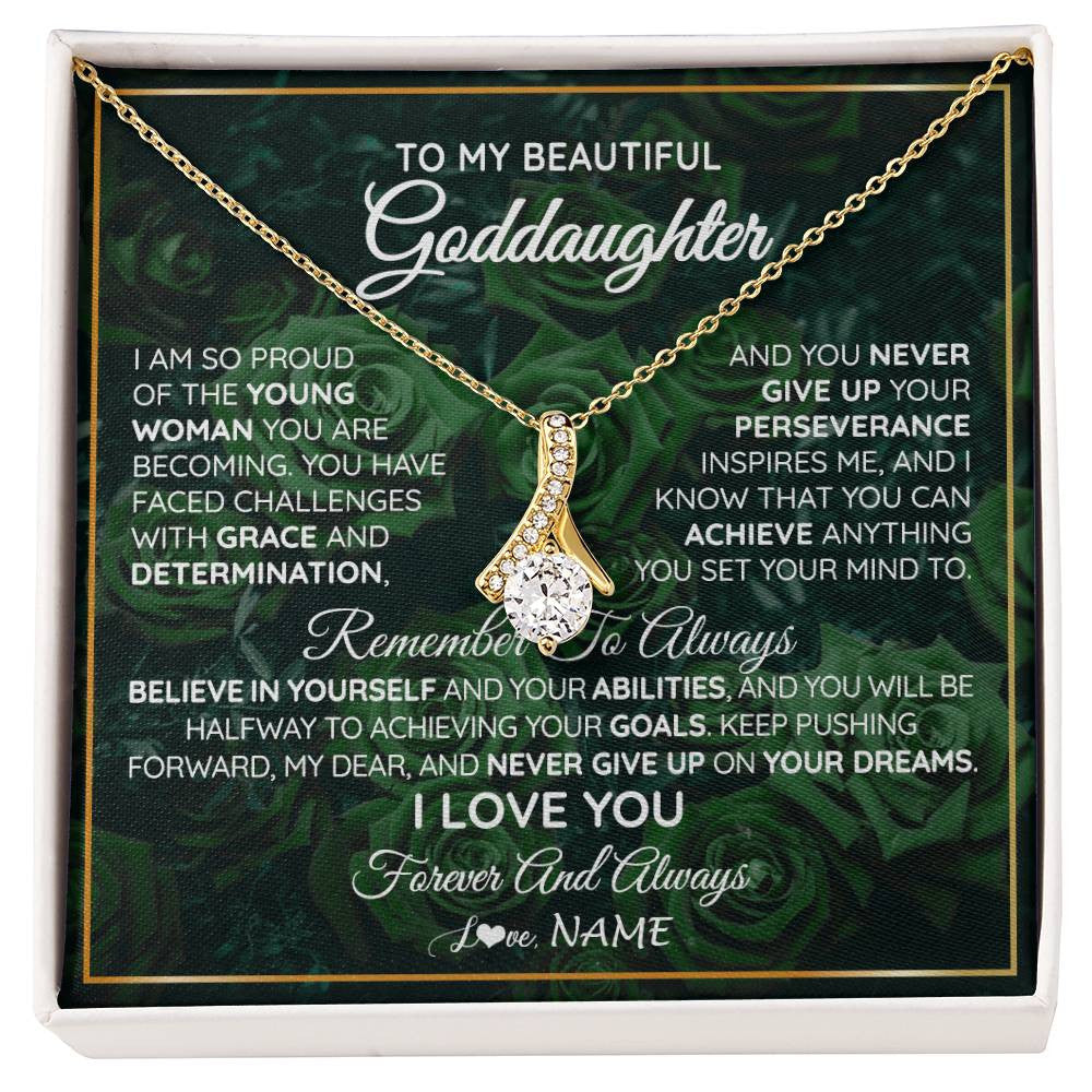 Alluring Beauty Necklace 18K Yellow Gold Finish | Personalized To My Beautiful Goddaughter Necklace Never Give Up Goddaughter Birthday Graduation Motivational Quote Customized Gift Box Message Card | teecentury