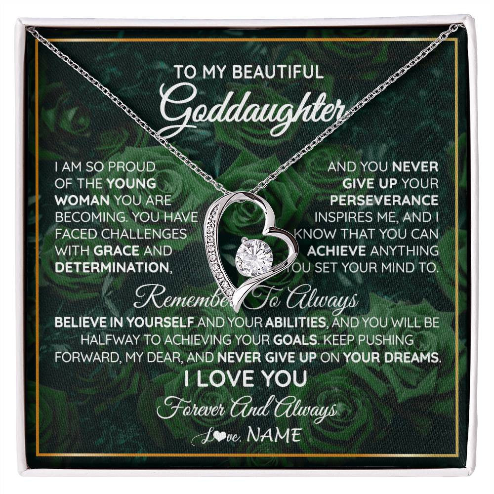 Forever Love Necklace 14K White Gold Finish | Personalized To My Beautiful Goddaughter Necklace Never Give Up Goddaughter Birthday Graduation Motivational Quote Customized Gift Box Message Card | teecentury