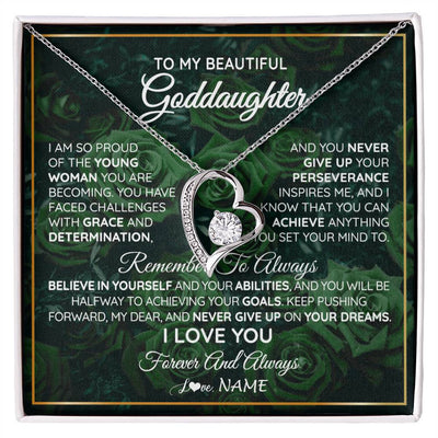 Forever Love Necklace 14K White Gold Finish | Personalized To My Beautiful Goddaughter Necklace Never Give Up Goddaughter Birthday Graduation Motivational Quote Customized Gift Box Message Card | teecentury