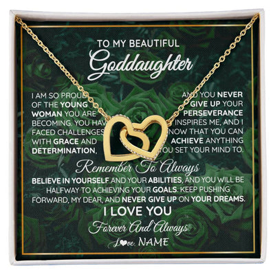 Interlocking Hearts Necklace 18K Yellow Gold Finish | Personalized To My Beautiful Goddaughter Necklace Never Give Up Goddaughter Birthday Graduation Motivational Quote Customized Gift Box Message Card | teecentury