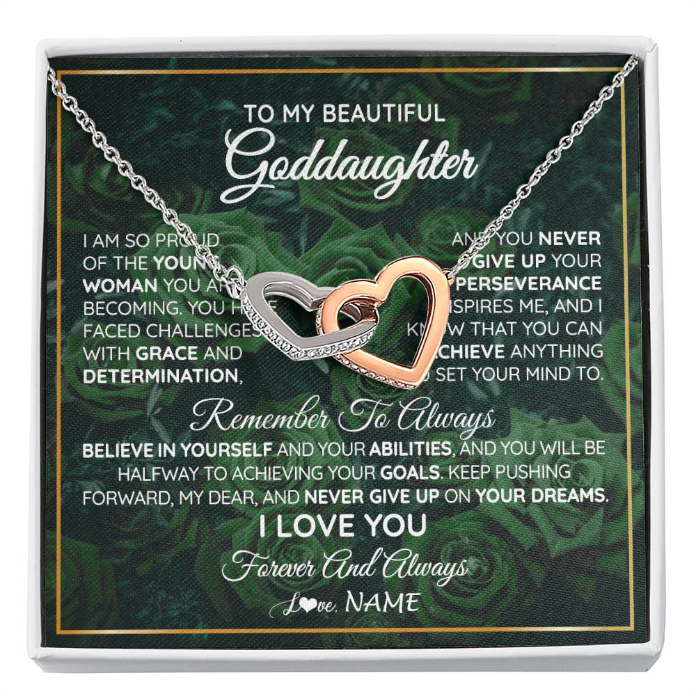 Interlocking Hearts Necklace Stainless Steel & Rose Gold Finish | Personalized To My Beautiful Goddaughter Necklace Never Give Up Goddaughter Birthday Graduation Motivational Quote Customized Gift Box Message Card | teecentury