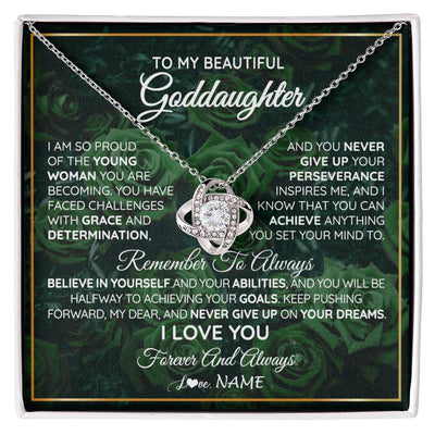 Love Knot Necklace 14K White Gold Finish | Personalized To My Beautiful Goddaughter Necklace Never Give Up Goddaughter Birthday Graduation Motivational Quote Customized Gift Box Message Card | teecentury