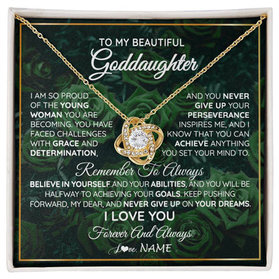 Love Knot Necklace 18K Yellow Gold Finish | Personalized To My Beautiful Goddaughter Necklace Never Give Up Goddaughter Birthday Graduation Motivational Quote Customized Gift Box Message Card | teecentury
