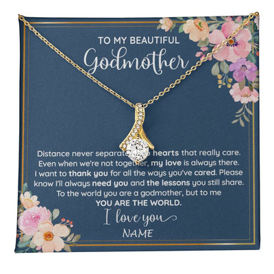 Alluring Beauty Necklace 18K Yellow Gold Finish | 1 | Personalized To My Beautiful Godmother Necklace From Niece You Are The World Godmother Birthday Mothers Day Christmas Customized Gift Box Message Card | teecentury