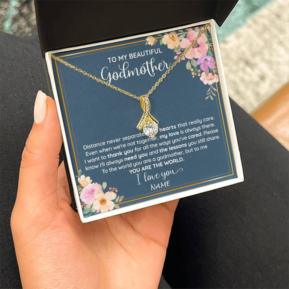 Alluring Beauty Necklace 18K Yellow Gold Finish | 2 | Personalized To My Beautiful Godmother Necklace From Niece You Are The World Godmother Birthday Mothers Day Christmas Customized Gift Box Message Card | teecentury