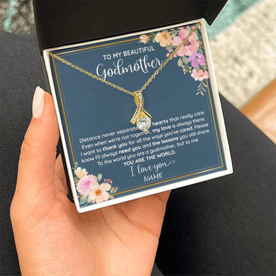 Alluring Beauty Necklace 18K Yellow Gold Finish | 2 | Personalized To My Beautiful Godmother Necklace From Niece You Are The World Godmother Birthday Mothers Day Christmas Customized Gift Box Message Card | teecentury