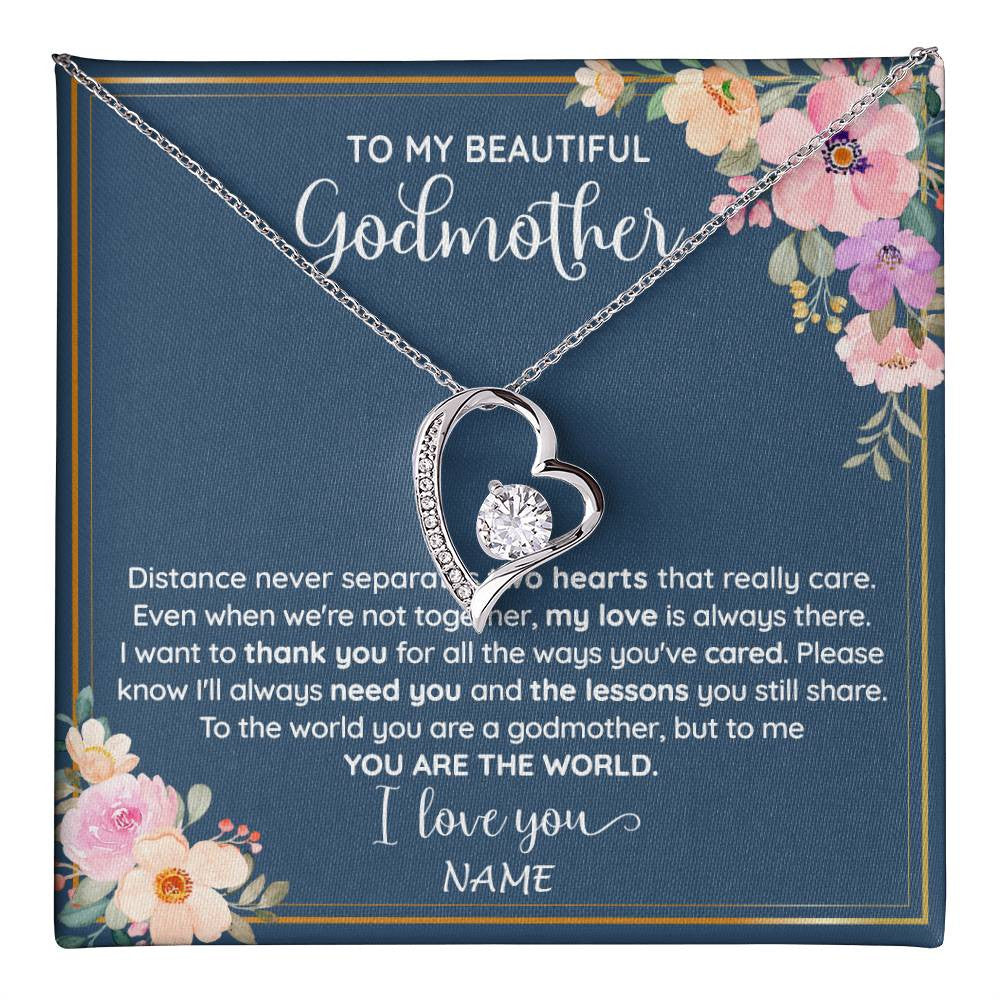 Forever Love Necklace 14K White Gold Finish | 1 | Personalized To My Beautiful Godmother Necklace From Niece You Are The World Godmother Birthday Mothers Day Christmas Customized Gift Box Message Card | teecentury