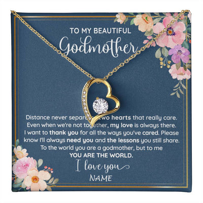 Forever Love Necklace 18K Yellow Gold Finish | 1 | Personalized To My Beautiful Godmother Necklace From Niece You Are The World Godmother Birthday Mothers Day Christmas Customized Gift Box Message Card | teecentury
