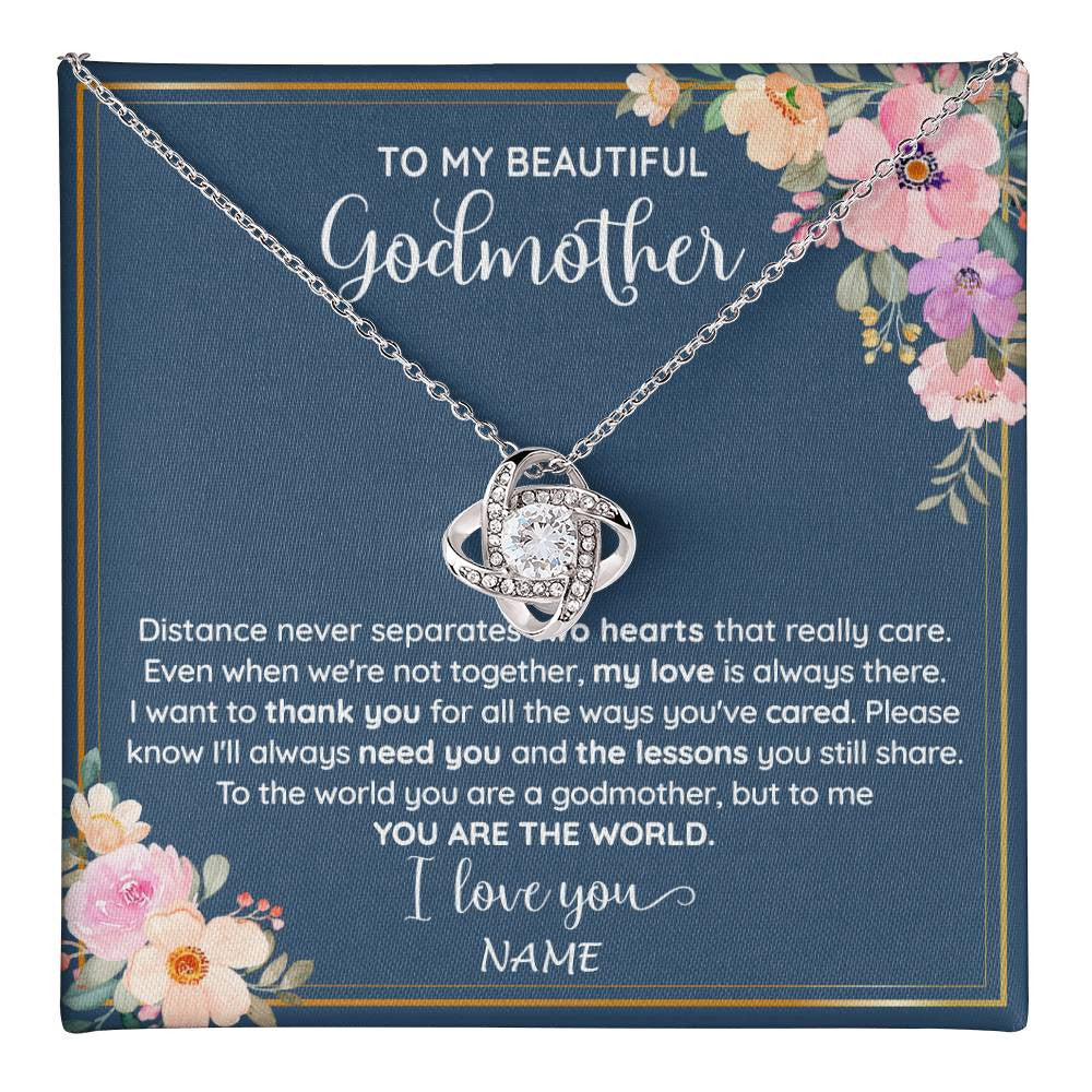 Love Knot Necklace 14K White Gold Finish | 1 | Personalized To My Beautiful Godmother Necklace From Niece You Are The World Godmother Birthday Mothers Day Christmas Customized Gift Box Message Card | teecentury